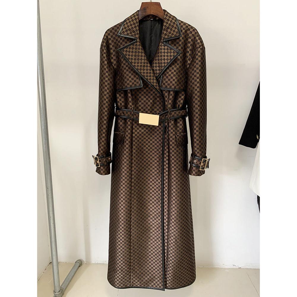 Autumn Winter Star Belt Jacquard Maze Pattern Long Trench Coat