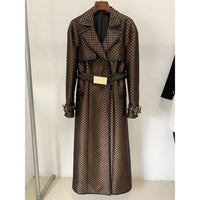 Autumn Winter Star Belt Jacquard Maze Pattern Long Trench Coat