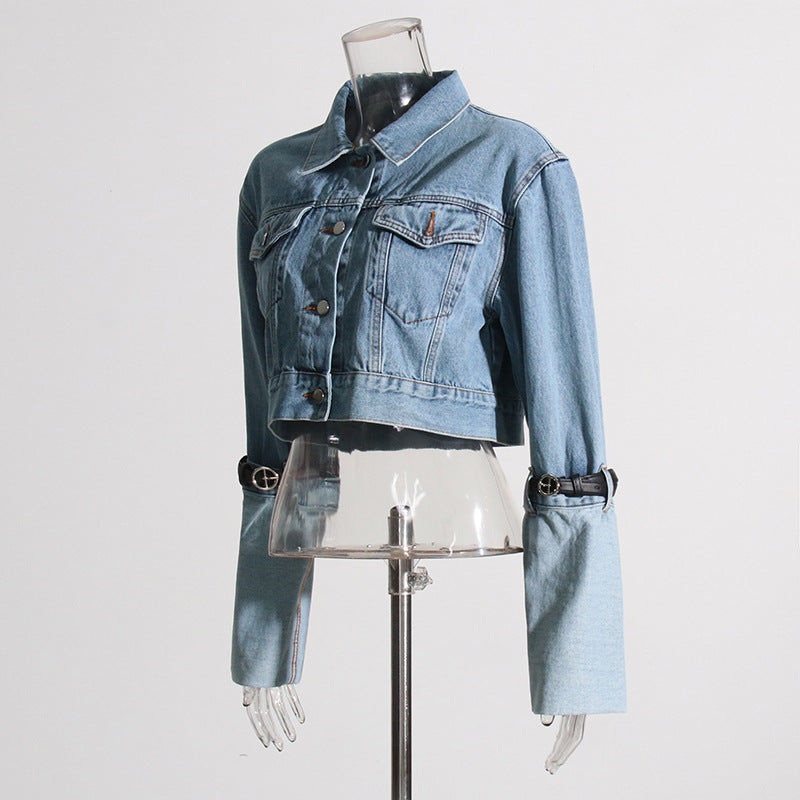 Blue Denim Belt Design Denim Jacket for Women - Collared Korean Patchwork Top