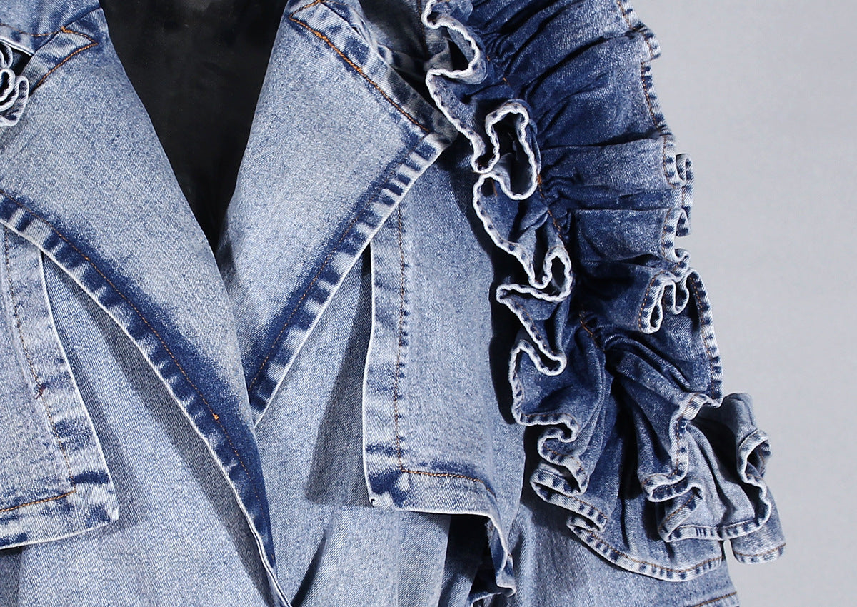Blue Denim Ruffle Shoulder Long Trench Coat