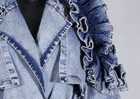 Blue Denim Ruffle Shoulder Long Trench Coat