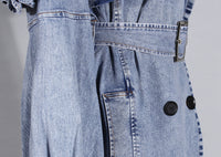Blue Denim Ruffle Shoulder Long Trench Coat