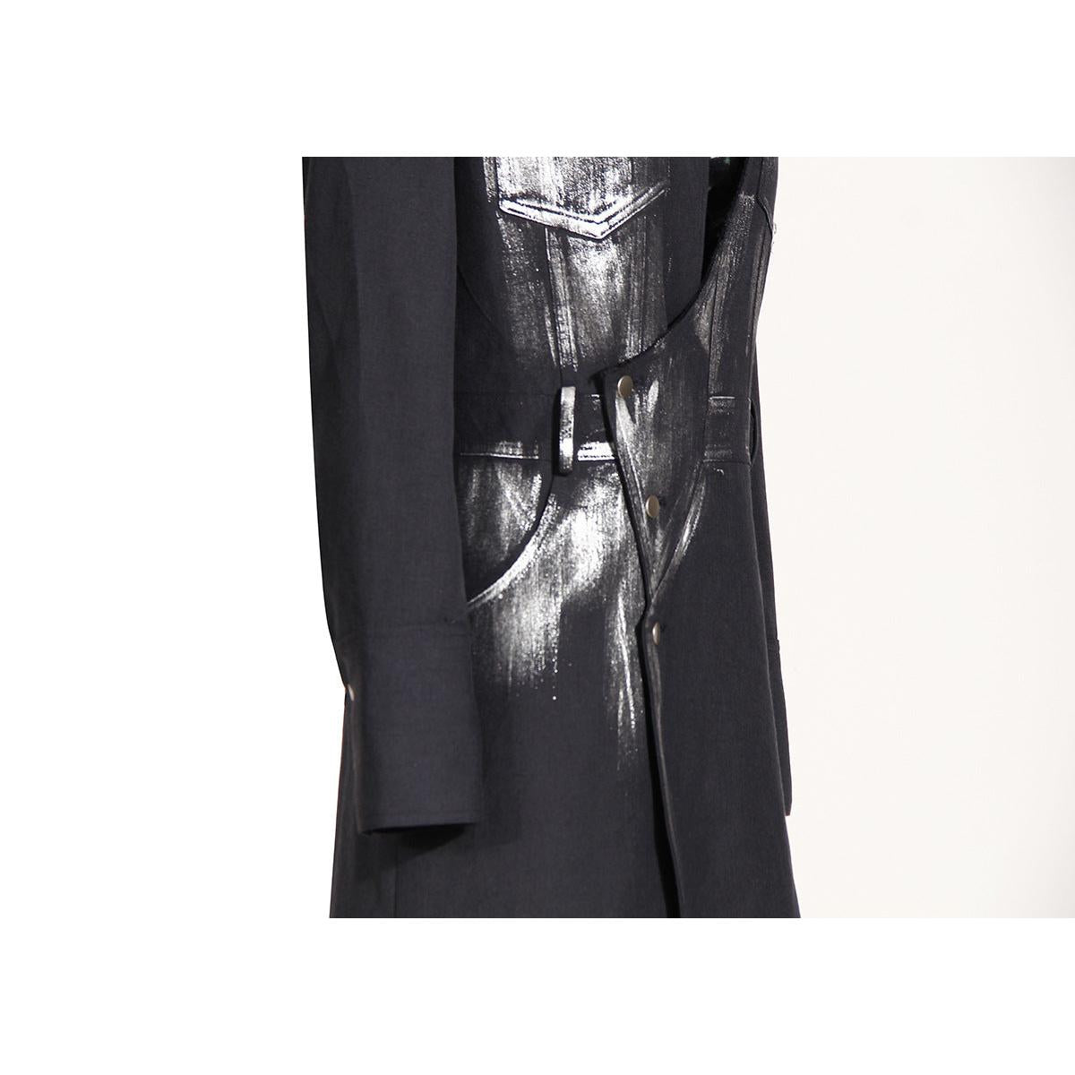 Black Niche Design Trench Coat Women Handmade Metal Silver Brush Color Rock Artist Super Long Blazer - Modestly Vogue