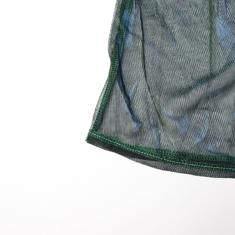 Blue Denim Stitching Mesh Skirt for Women - High Waist Slimming Elegant Design