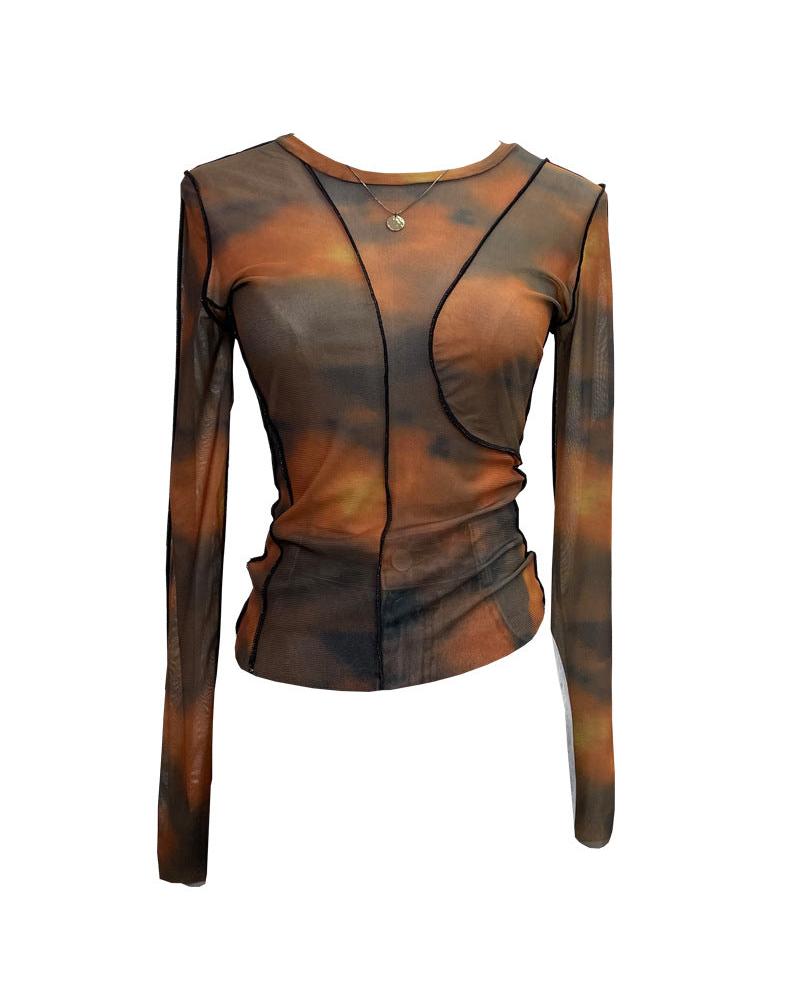 Earthtone Sunset Blooming Stretch Mesh Slim Fit Bottoming Shirt Bandage Top