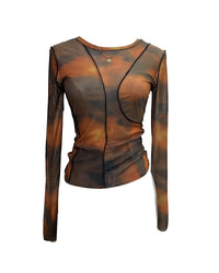 Earthtone Sunset Blooming Stretch Mesh Slim Fit Bottoming Shirt Bandage Top