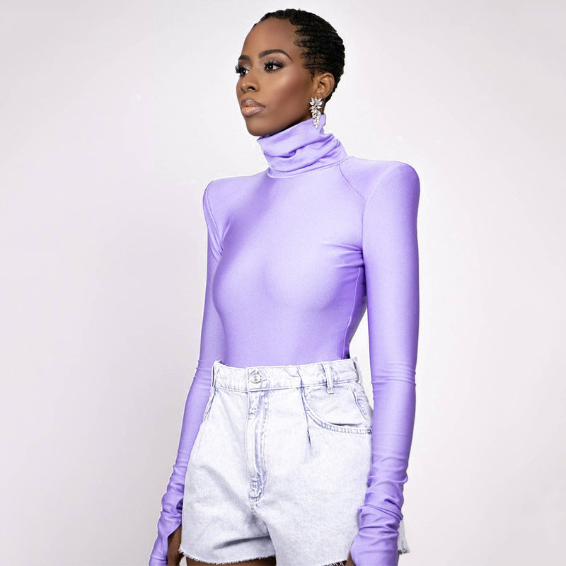 Black Women Winter High Collar Long Sleeve Finger Stall Slim