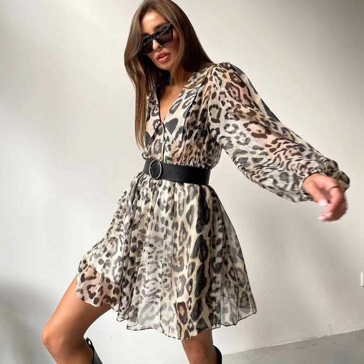 Summer French Chiffon Dress Women Clothing Trend Doll Collar Long Sleeve Leopard Print Dress - Modestly Vogue