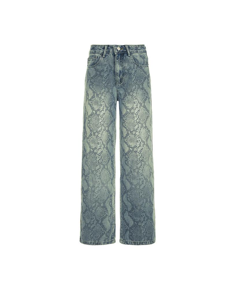 Earthtone Casual Street Snake Print Jeans Women Autumn High Waist Slimming Washed Drooping Straight Pants