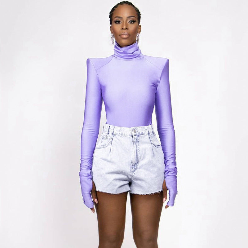 Black Women Winter High Collar Long Sleeve Finger Stall Slim