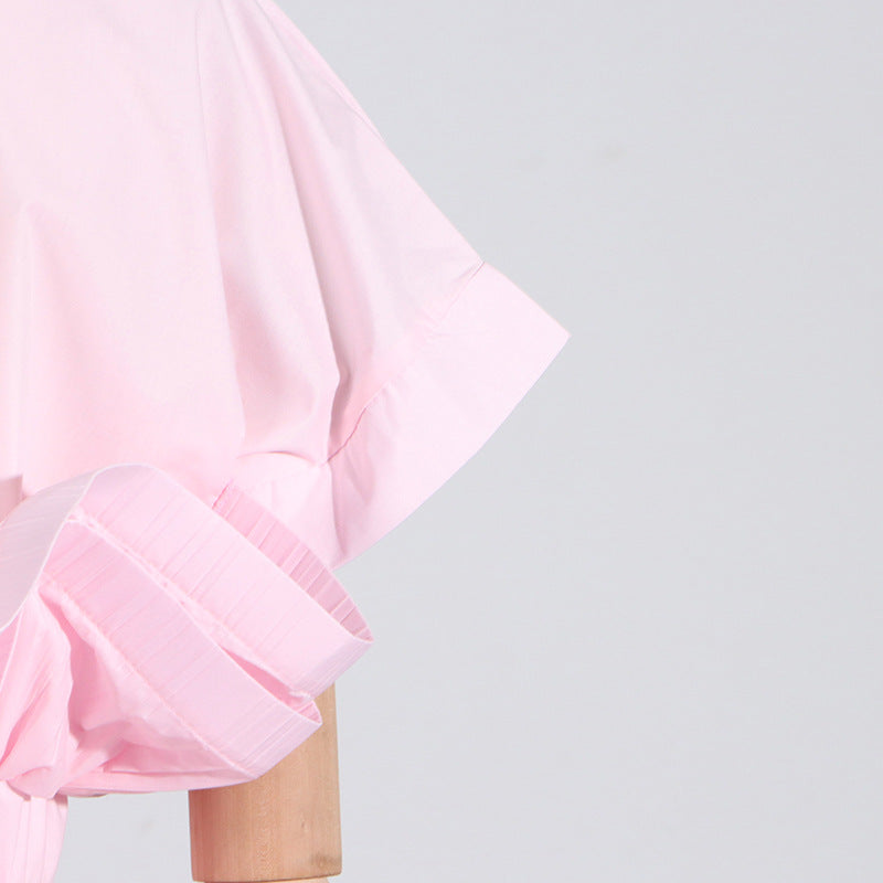 Pastel Collar Ruffled Stitching Design Tight Waist Slimming High Grade Short Sleeve Shirt for Women