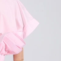 Pastel Collar Ruffled Stitching Design Tight Waist Slimming High Grade Short Sleeve Shirt for Women