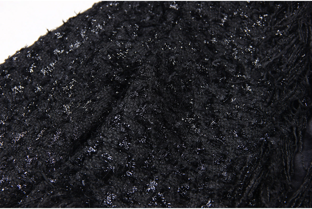 Black Silk Tweed Fringe Pocket Fastener Decoration Cardigan Women Coat Top