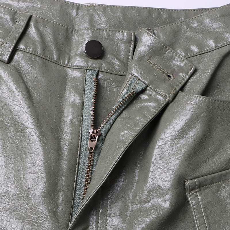 Earthtone Unique Design Faux Leather Trousers - High Waist Straight Leg Pants for Women