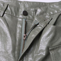 Earthtone Unique Design Faux Leather Trousers - High Waist Straight Leg Pants for Women