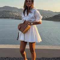 Women Clothing Casual Short A line Dress Cotton Collared 3/4 Sleeve French Shirt Dress - Modestly Vogue