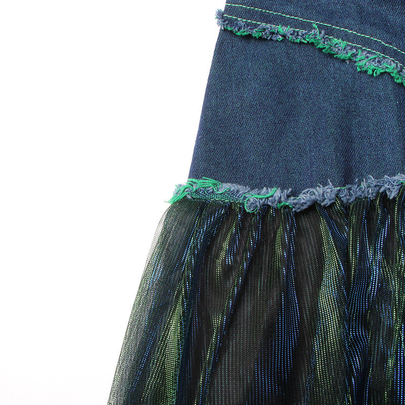 Blue Denim Stitching Mesh Skirt for Women - High Waist Slimming Elegant Design