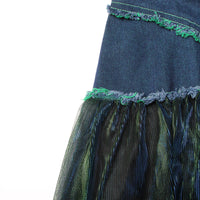 Blue Denim Stitching Mesh Skirt for Women - High Waist Slimming Elegant Design
