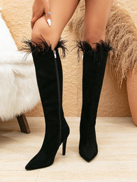 Suede Pointed Toe Stiletto Feather Side Zipper Boots - Modestly Vogue