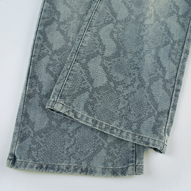 Earthtone Casual Street Snake Print Jeans Women Autumn High Waist Slimming Washed Drooping Straight Pants
