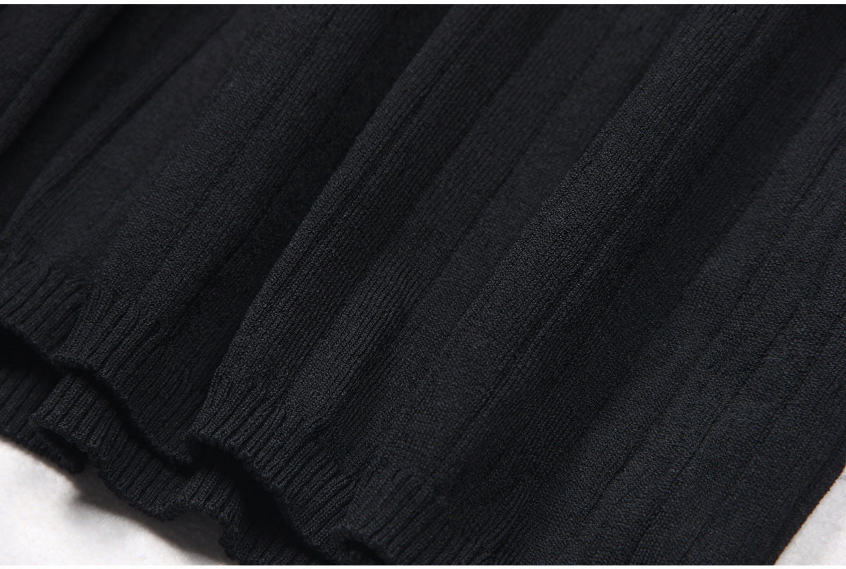 Black Short Sleeve Stitching Denim Simple Elegant Slim Slimming Long Knitted Dress Women