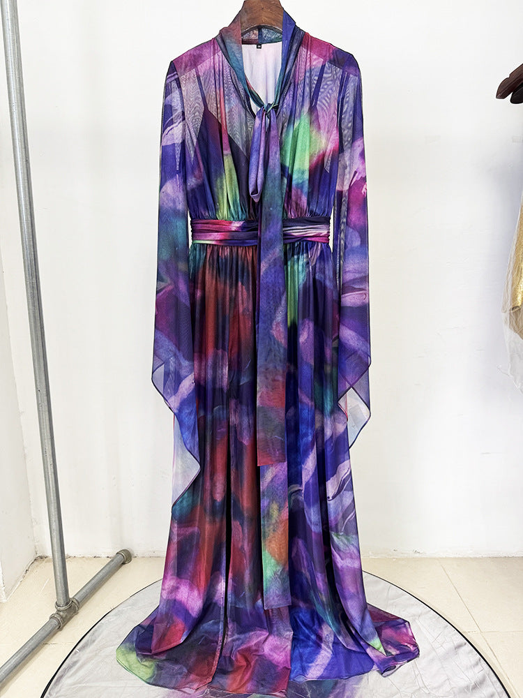 Spring Summer Star Bay Sleeve Colorful Printed Maxi Dress Holiday Maxi Dress