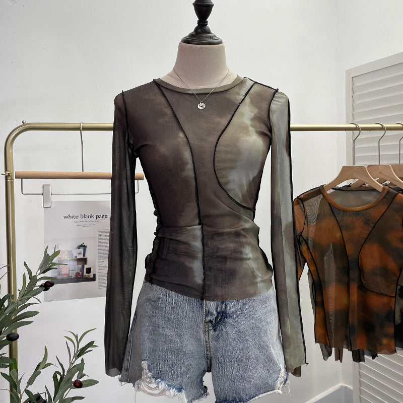 Earthtone Sunset Blooming Stretch Mesh Slim Fit Bottoming Shirt Bandage Top