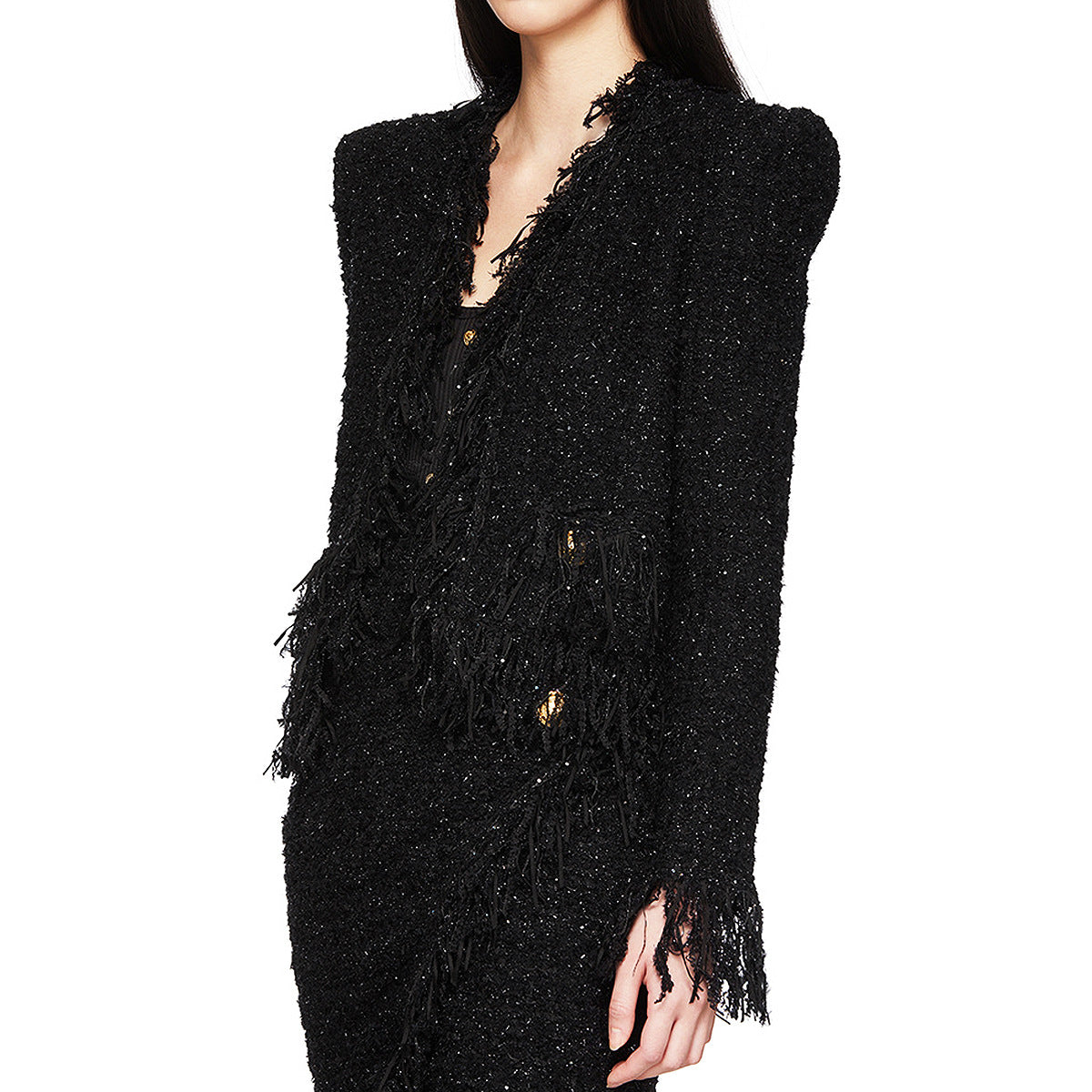 Black Silk Tweed Fringe Pocket Fastener Decoration Cardigan Women Coat Top