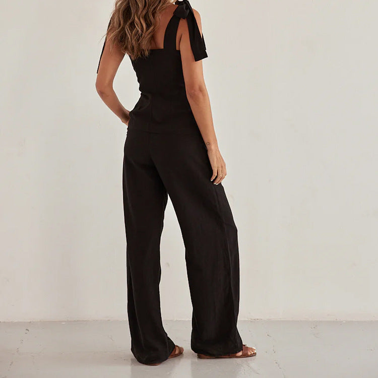Spring Summer Black Bandeau Sling Top High Waist Wide Leg Pants Two Piece Set - Modestly Vogue