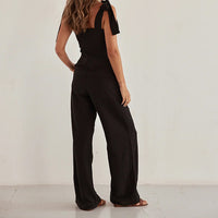 Spring Summer Black Bandeau Sling Top High Waist Wide Leg Pants Two Piece Set - Modestly Vogue