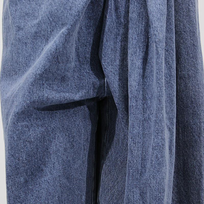 Blue Denim High Waist Ruched Wide Leg Jeans
