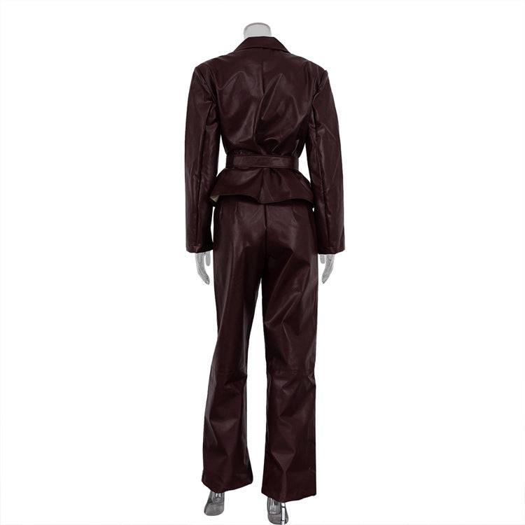 Spring Autumn Retro Green Fruit Collar with Belt Leather Coat High Waist Leather Pants Set for Women