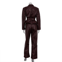 Spring Autumn Retro Green Fruit Collar with Belt Leather Coat High Waist Leather Pants Set for Women