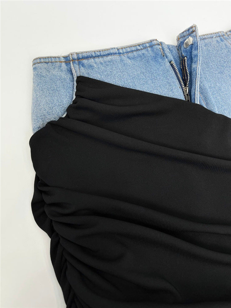 Blue Denim Patchwork Color Block Ruched Zipper Skirt