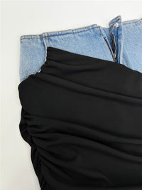 Blue Denim Patchwork Color Block Ruched Zipper Skirt