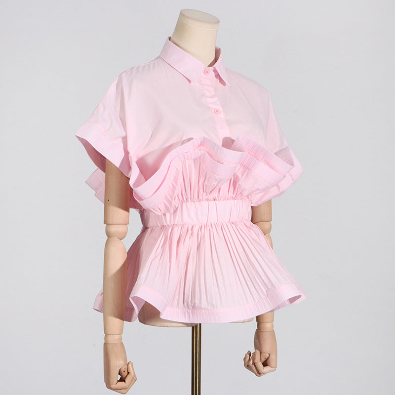 Pastel Collar Ruffled Stitching Design Tight Waist Slimming High Grade Short Sleeve Shirt for Women