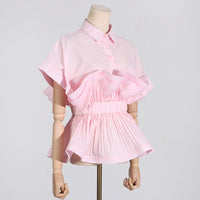Pastel Collar Ruffled Stitching Design Tight Waist Slimming High Grade Short Sleeve Shirt for Women