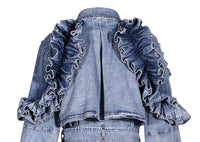 Blue Denim Ruffle Shoulder Long Trench Coat