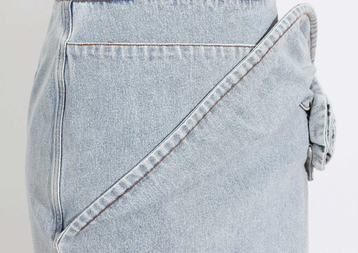 Blue Spring Summer Modern Urban Women Power Sense Three Pleated Rose Washed Denim Pencil Skirt