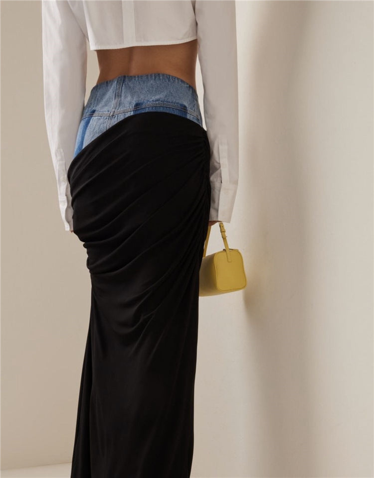Blue Denim Patchwork Color Block Ruched Zipper Skirt