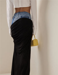 Blue Denim Patchwork Color Block Ruched Zipper Skirt