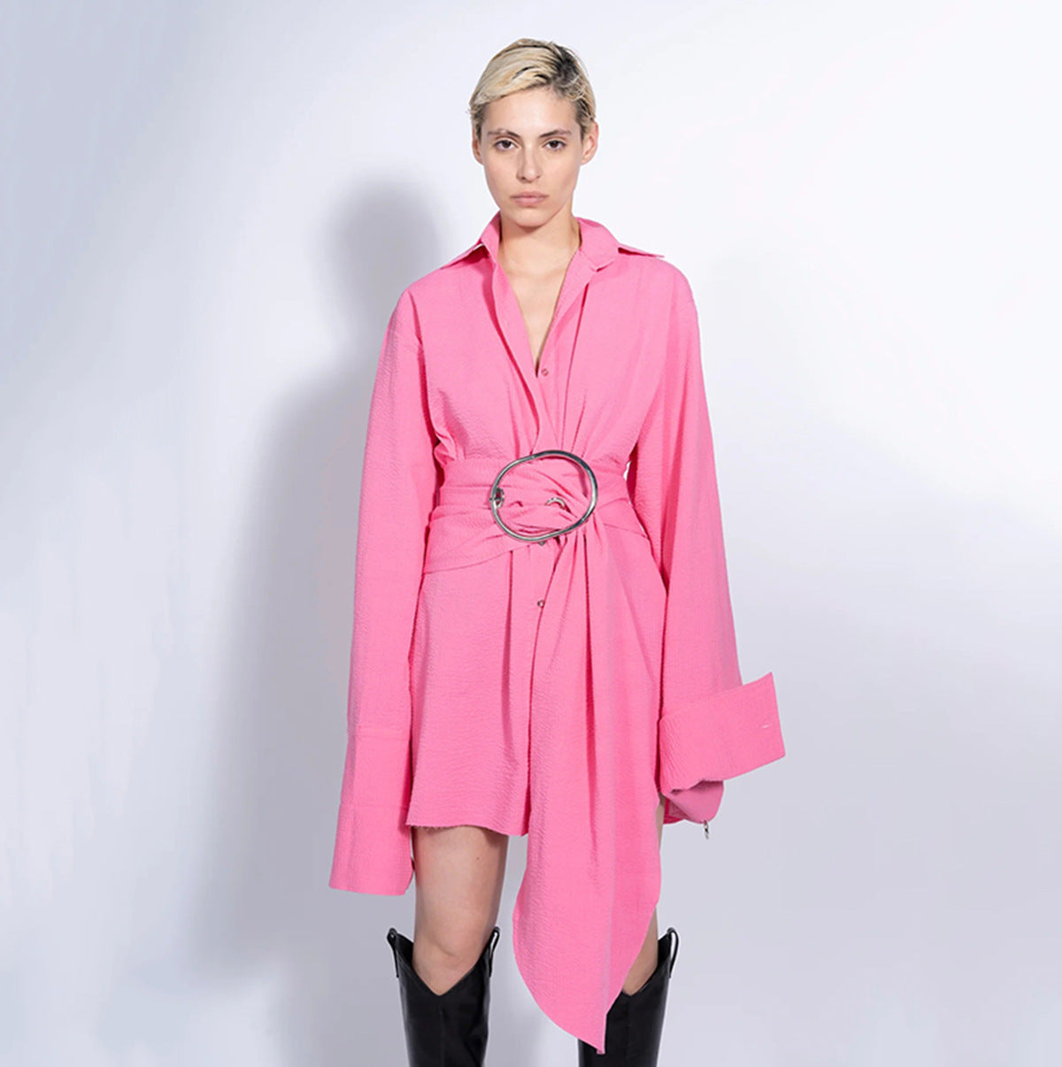 Vacation Long Sleeve Shirt Dress with Lace-Up Waist - Modestly Vogue
