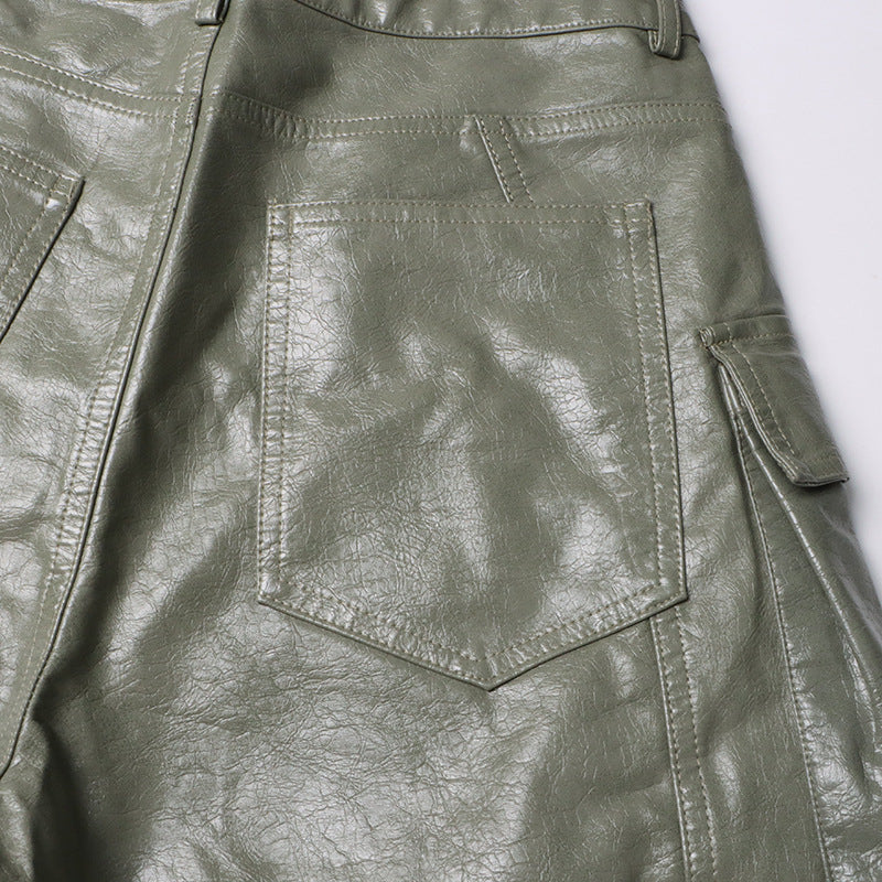 Earthtone Unique Design Faux Leather Trousers - High Waist Straight Leg Pants for Women
