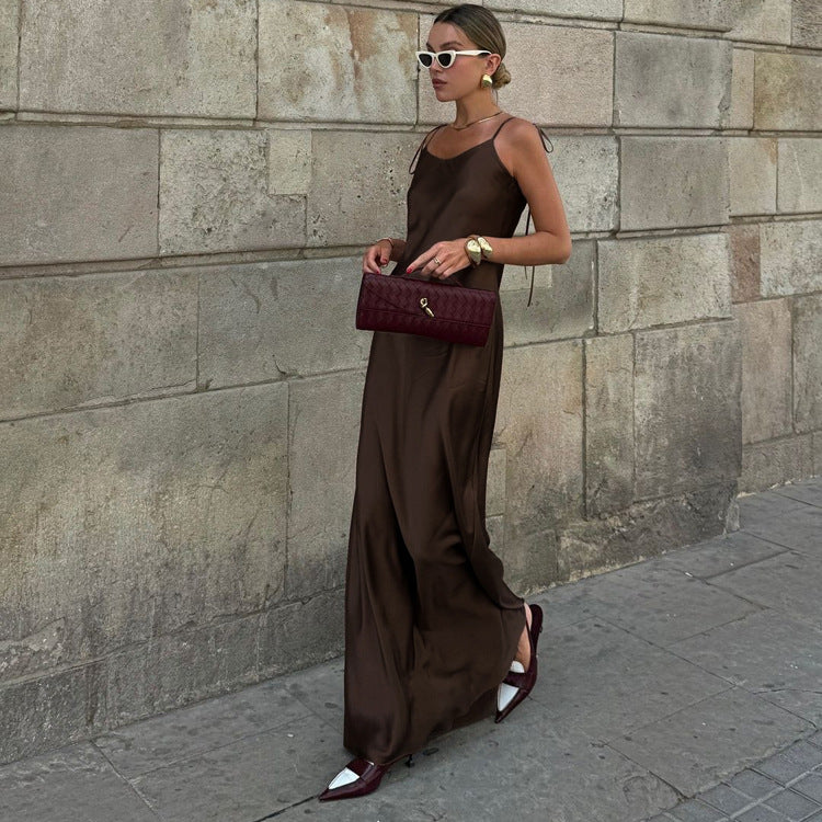 Sexy Long Suspender Dress Women Satin Drape Lace up off Shoulder Sleeveless High Waist Dress - Modestly Vogue