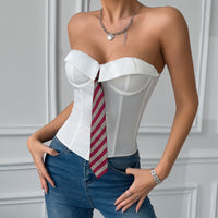 Low Cut Satin Tie Corset Top with Boning and Lace-up Steel Rings - Modestly Vogue