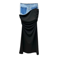 Blue Denim Patchwork Color Block Ruched Zipper Skirt