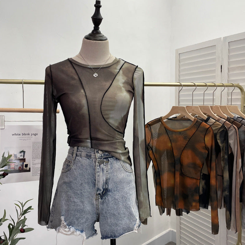 Earthtone Sunset Blooming Stretch Mesh Slim Fit Bottoming Shirt Bandage Top