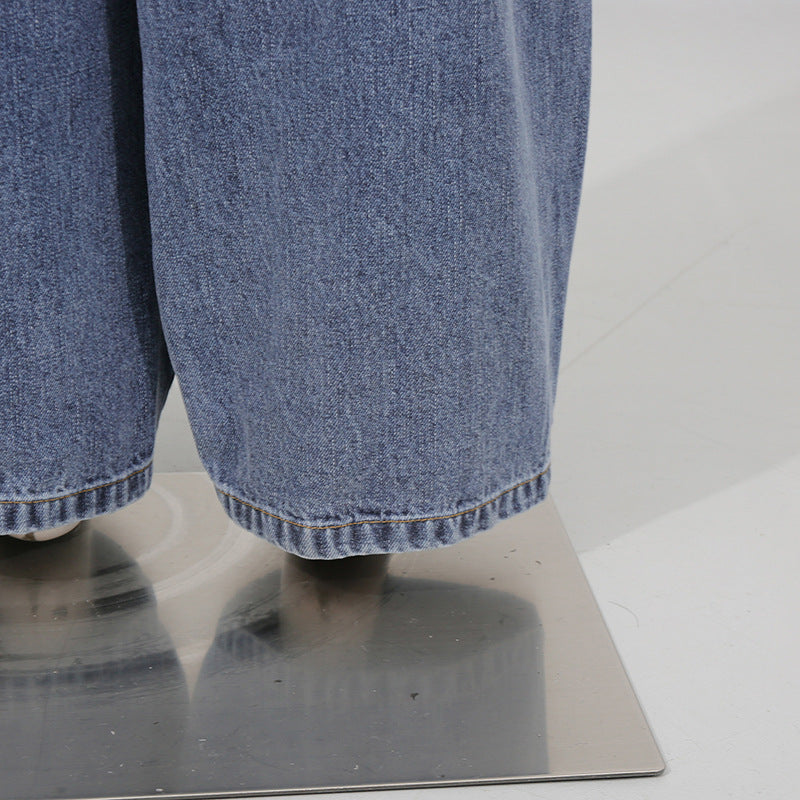 Blue Denim High Waist Ruched Wide Leg Jeans
