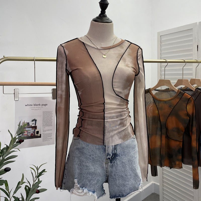 Earthtone Sunset Blooming Stretch Mesh Slim Fit Bottoming Shirt Bandage Top