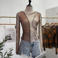 Earthtone Sunset Blooming Stretch Mesh Slim Fit Bottoming Shirt Bandage Top